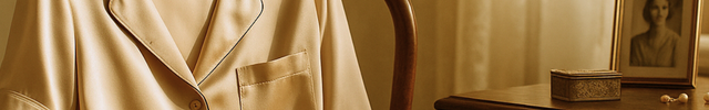 Beige satin pajama top on a chair with a side table and framed photo in the background