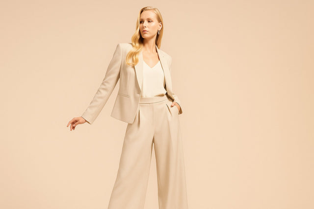 Woman wearing a beige suit on a beige background