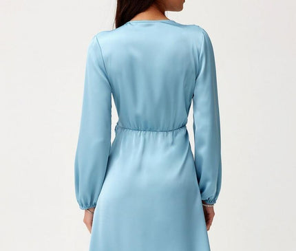 Female model standing back to camera wearing a light blue satin long sleeve mini dress with cinched waist against a plain white background