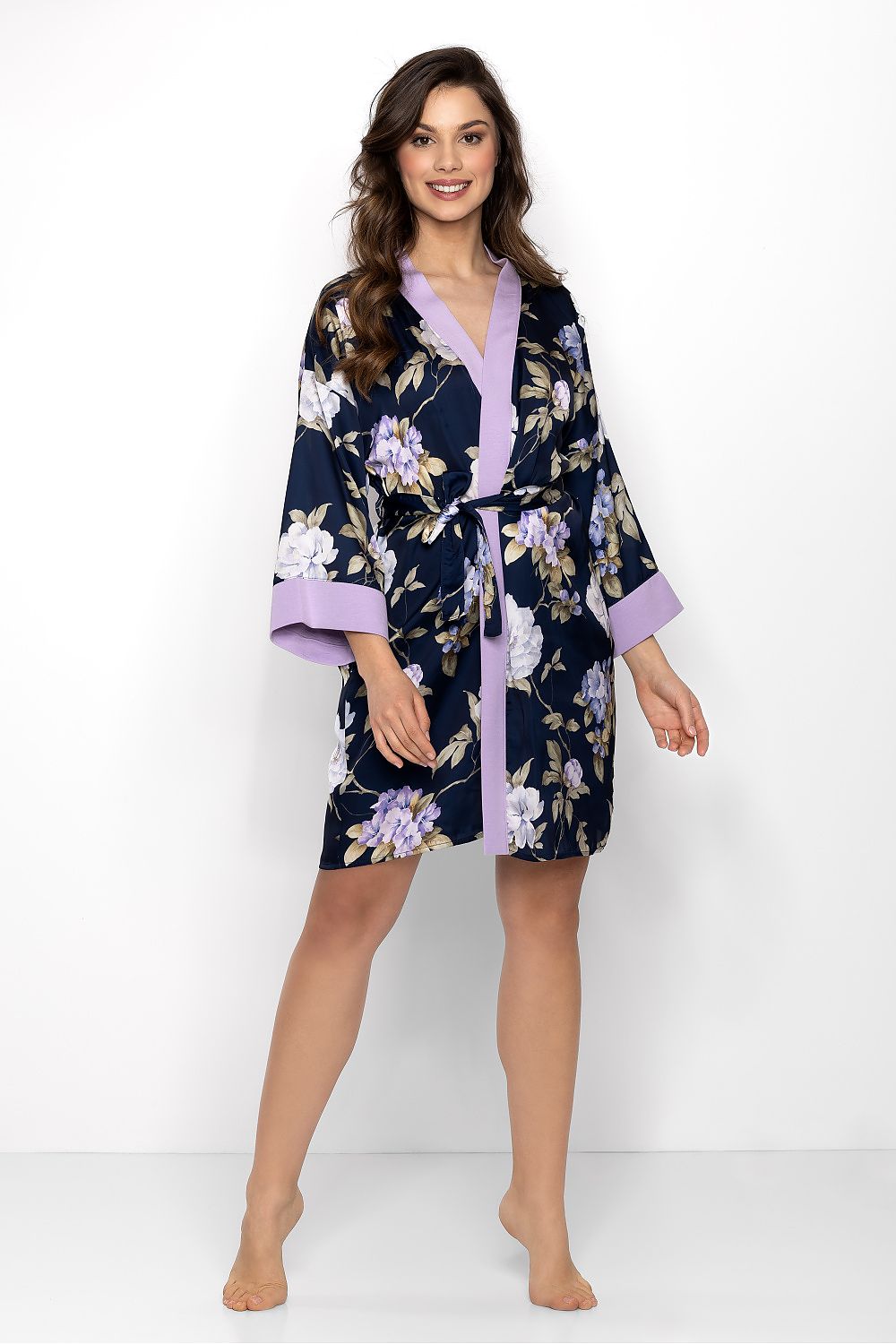 Navy Floral Satin Kimono Bathrobe | Satin London