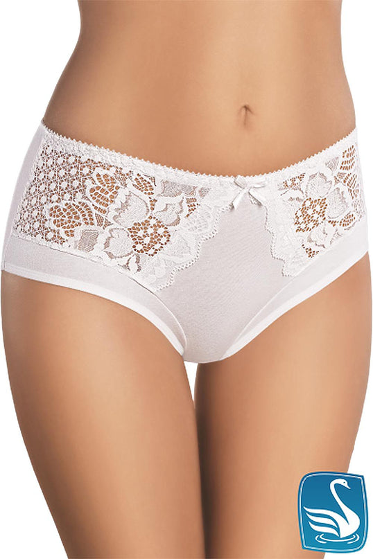 A front-facing model wearing white high-waisted cotton briefs with floral lace panels on a plain white background