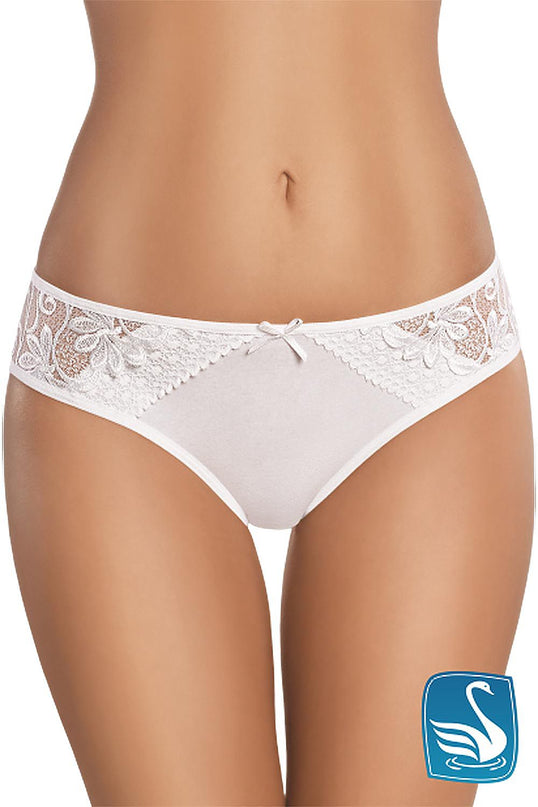 Model wearing white cotton blend bikini-cut briefs with floral lace detailing stands facing camera against plain white background