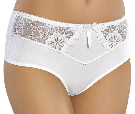 Female model standing against a white background wearing white cotton high-waisted briefs with lace detailing