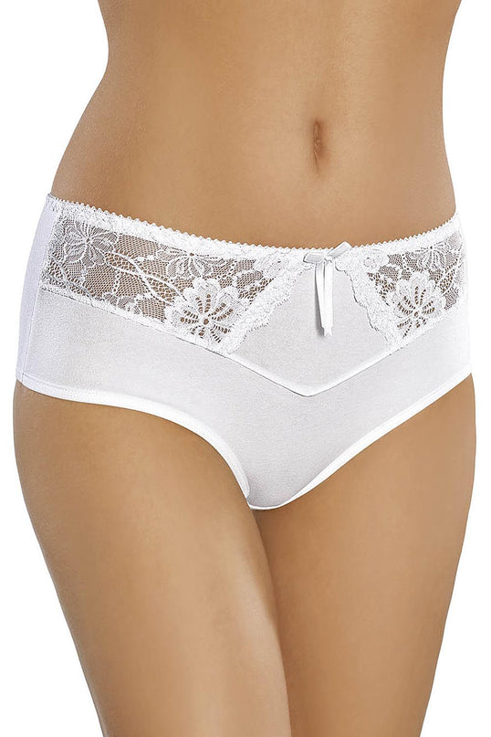 Female model standing against a white background wearing white cotton high-waisted briefs with lace detailing