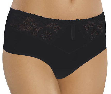 Female model stands front facing wearing black lace panel high-waisted boyshort panties against a white background