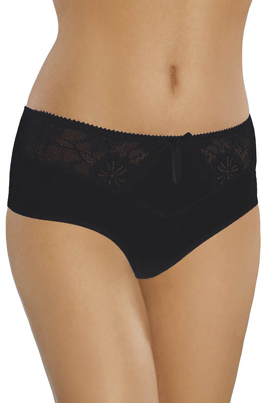 Female model stands front facing wearing black lace panel high-waisted boyshort panties against a white background