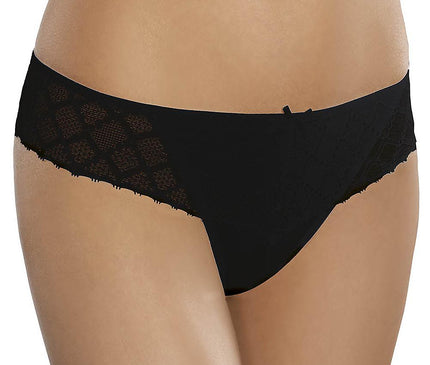 Female model standing against a white background wearing low-rise black lace bikini briefs