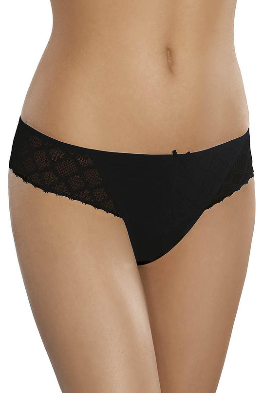 Female model standing against a white background wearing low-rise black lace bikini briefs