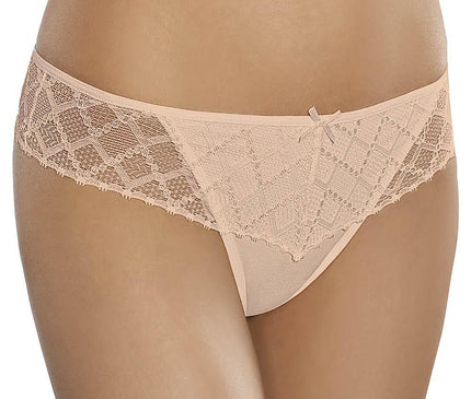 Female model standing in beige lace bikini-cut briefs with mesh side panels against a plain white background