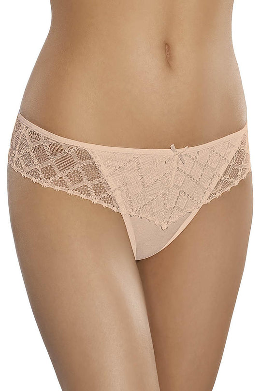 Female model standing in beige lace bikini-cut briefs with mesh side panels against a plain white background