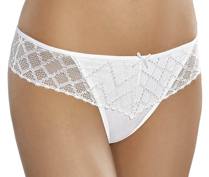 female model front-facing wearing white lace low-rise bikini-cut briefs on a plain white background