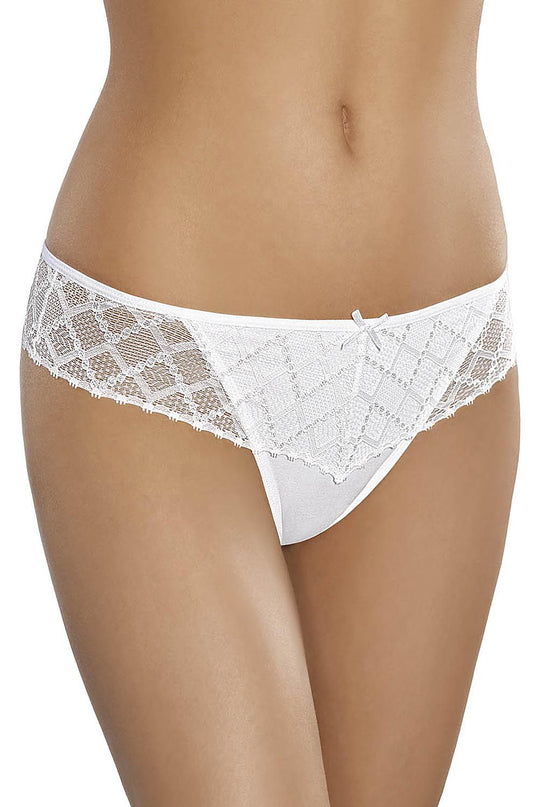 female model front-facing wearing white lace low-rise bikini-cut briefs on a plain white background