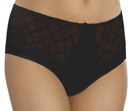 A female model standing front-facing wearing black high-waisted lace and cotton blend briefs against a plain white background