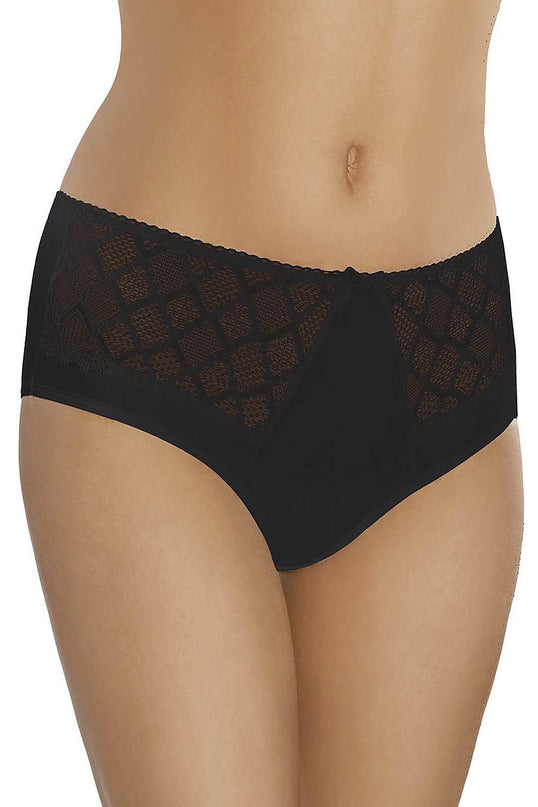 A female model standing front-facing wearing black high-waisted lace and cotton blend briefs against a plain white background