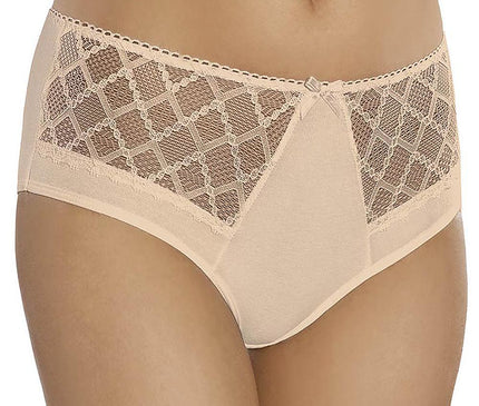 Female model in high-waisted beige lace and cotton blend full-coverage briefs standing front-facing against a white background