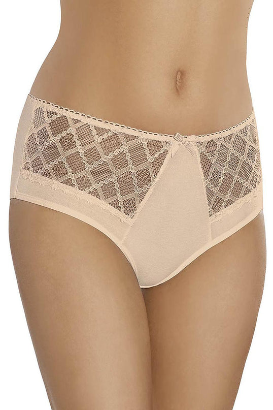 Female model in high-waisted beige lace and cotton blend full-coverage briefs standing front-facing against a white background