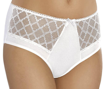 Model wearing white mid-rise cotton briefs with lace panels standing front-facing against a plain white background