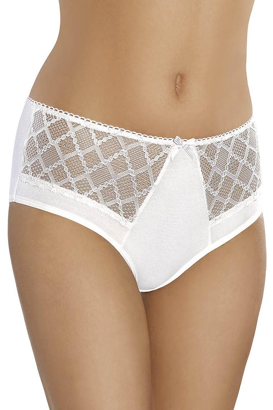 Model wearing white mid-rise cotton briefs with lace panels standing front-facing against a plain white background