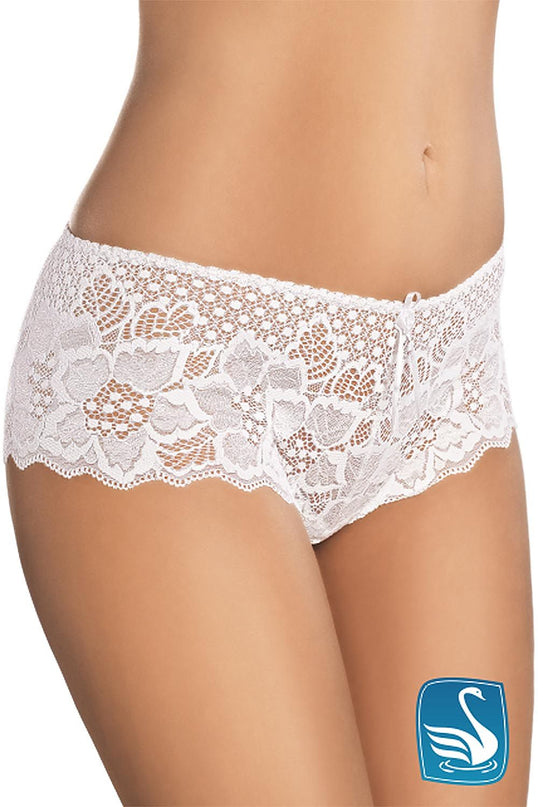 Female model wearing white lace boyshorts in a standing front pose against a plain white background