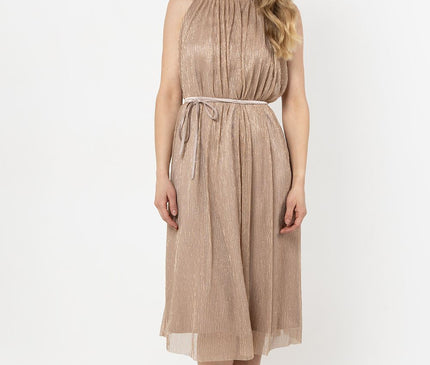 Female model stands front-facing with arms relaxed by her sides against a white studio backdrop wearing a sleeveless high-neck pleated metallic champagne midi dress with a thin waist belt