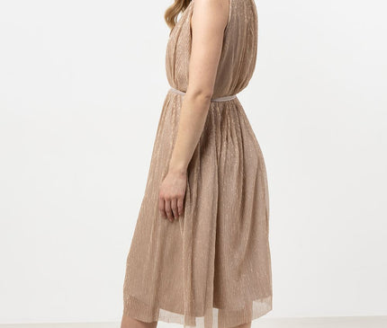 A female model in a side pose against a white studio backdrop wears a sleeveless metallic beige pleated midi dress with ruffled high neckline