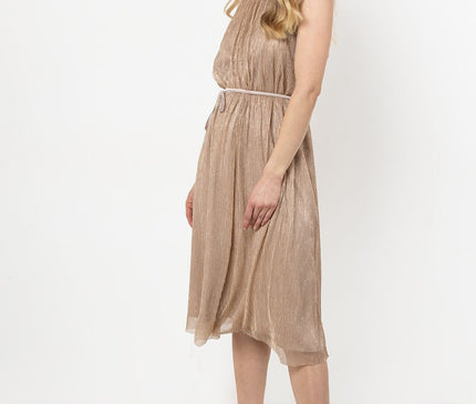 Female model in a three-quarter pose wears a sleeveless halter-neck pleated metallic gold midi dress against a white studio backdrop