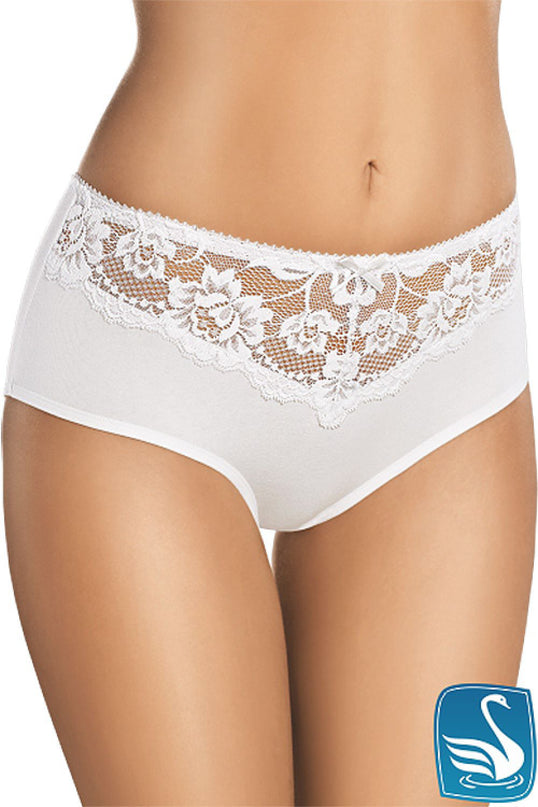 Female model stands front on wearing white cotton high waist briefs with floral lace trim against a plain white background