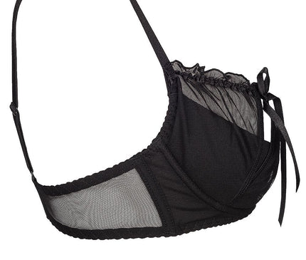 A sheer black mesh underwire bra with ruffle trim shown in side profile against a white background