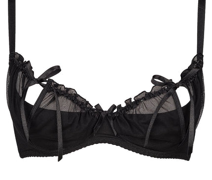 A black mesh underwire balconette bra with decorative bows laid flat against a white background