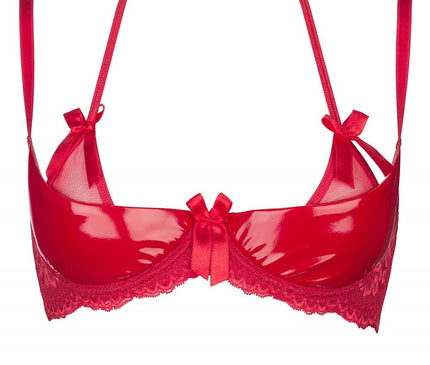Underwired red vinyl and lace bra with bow details on a white background