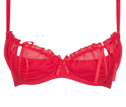 Red sheer mesh balconette bra with underwire and thin straps laid flat on a white background
