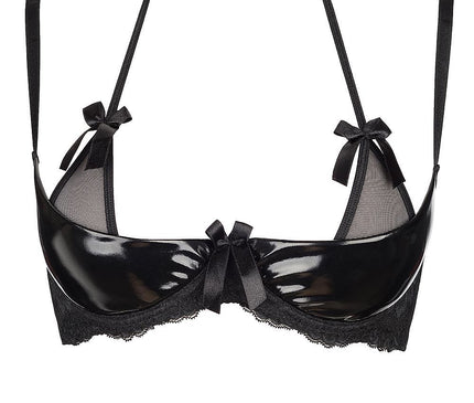 A black vinyl demi-cup bra with lace trim mesh panels and bow details on a white background