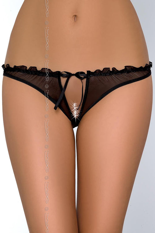 Female model stands against a white background wearing black sheer mesh low-rise bikini briefs with ruffled trim and a front bow detail
