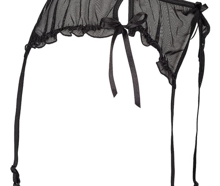 Sheer black mesh garter belt with ruffled trim and ribbon bow ties displayed against a white background