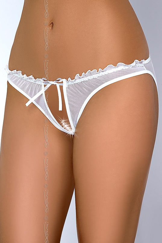 Female model standing facing forward wearing white sheer mesh open-crotch briefs with ruffle trim and bow detail against a plain light background