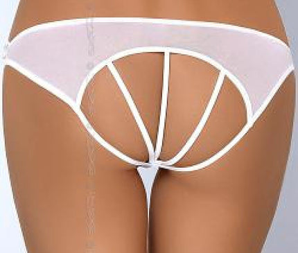 Female model standing back view against a light grey backdrop wearing white sheer mesh low-rise briefs with strappy open-back cut-out design