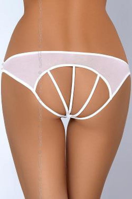 Female model standing back view against a light grey backdrop wearing white sheer mesh low-rise briefs with strappy open-back cut-out design