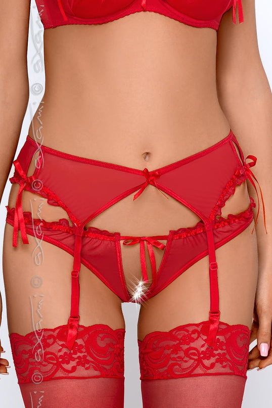 Model wearing red sheer mesh garter belt with matching bikini-cut briefs and thigh-high lace stockings standing against a plain white background