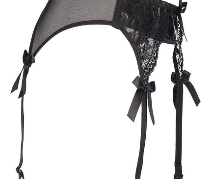 A black lace and mesh high-waisted suspender belt with satin bow accents and adjustable straps on a white background