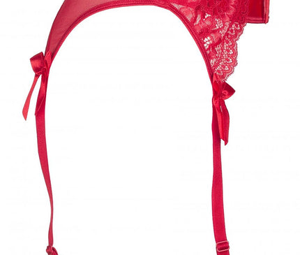 Red lace and mesh garter belt with four adjustable straps on a white background
