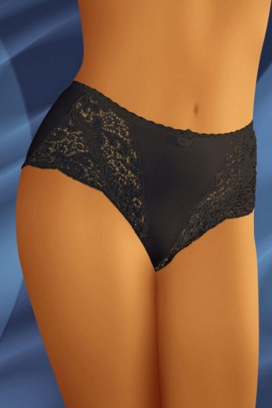 A model standing against a draped blue fabric backdrop wearing black lace mid-rise bikini briefs
