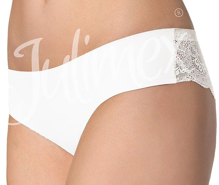 A female model stands against a plain white background wearing white mid-rise hipster briefs in smooth fabric with lace side panels