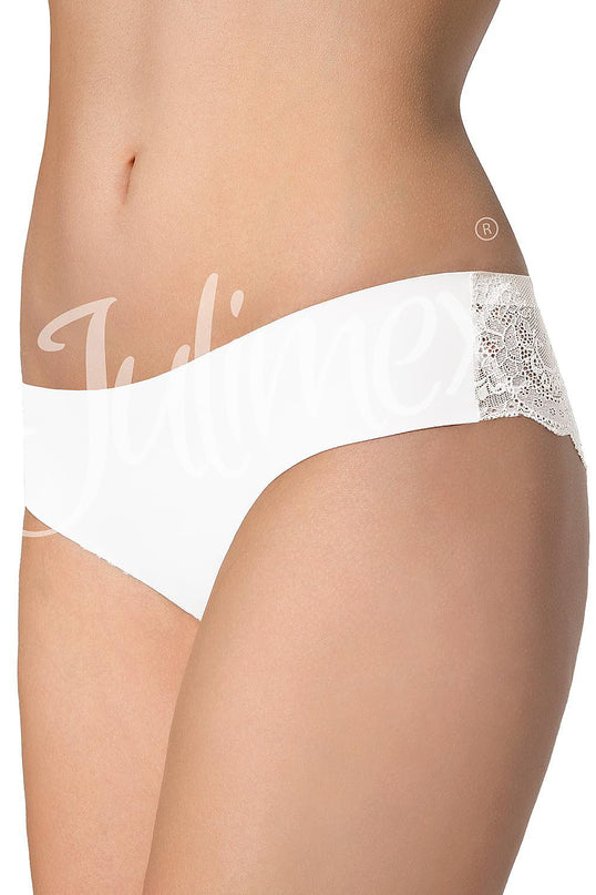 A female model stands against a plain white background wearing white mid-rise hipster briefs in smooth fabric with lace side panels