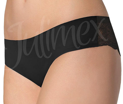 Female model in side profile wearing black mid-rise microfibre bikini briefs with lace side panels against a white background