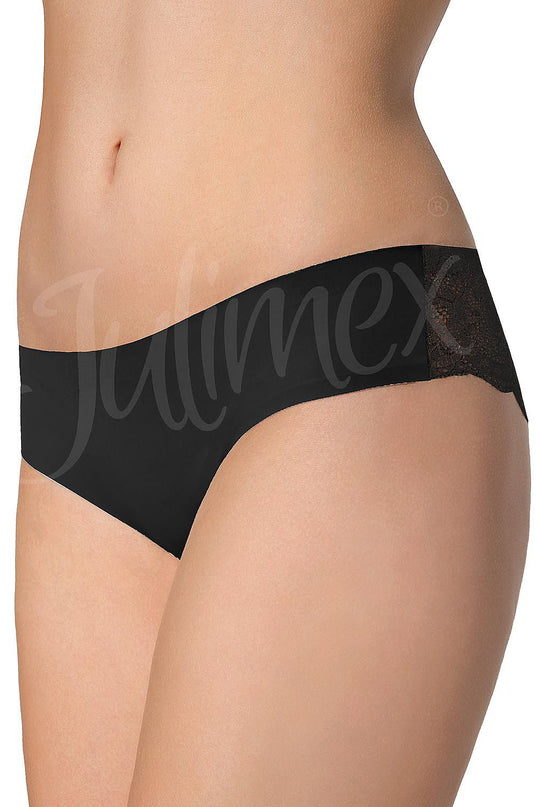 Female model in side profile wearing black mid-rise microfibre bikini briefs with lace side panels against a white background