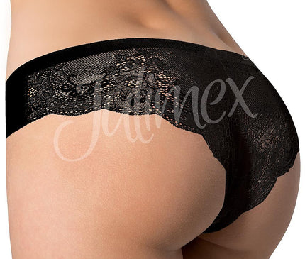 A female model stands against a plain white backdrop wearing black lace mid-rise bikini underwear with her back turned to the camera