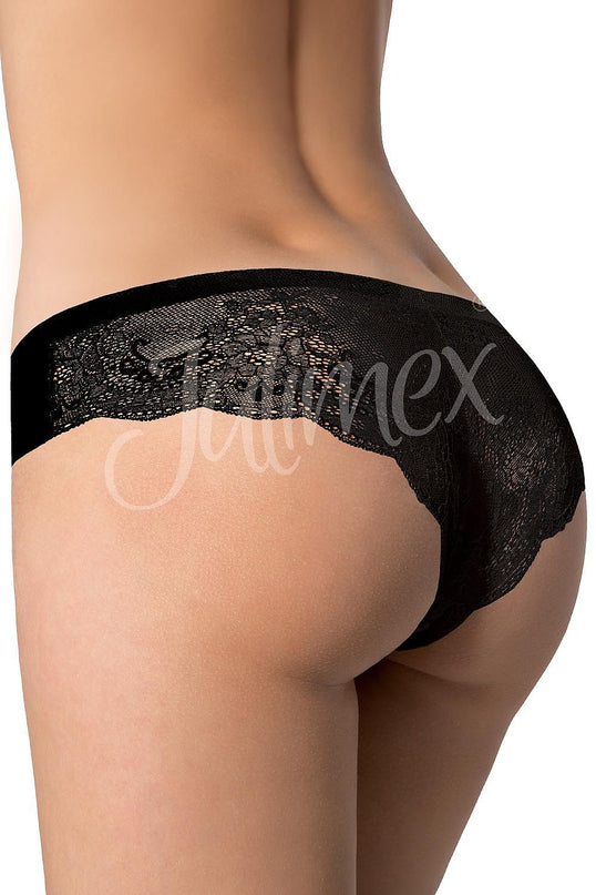A female model stands against a plain white backdrop wearing black lace mid-rise bikini underwear with her back turned to the camera