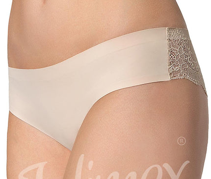 female model stands against a plain white background wearing nude seamless microfiber hipster briefs with lace side panels