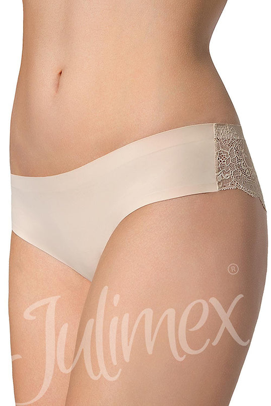 female model stands against a plain white background wearing nude seamless microfiber hipster briefs with lace side panels