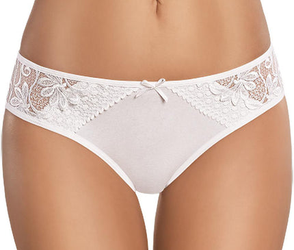 A model standing front on wears white cotton bikini briefs with lace side panels against a plain white background